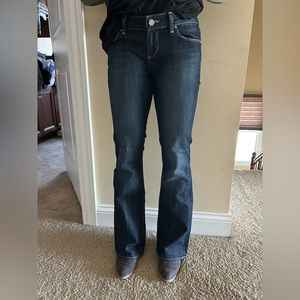 Paige Boot cut jeans, single button. Dark wash, real denim